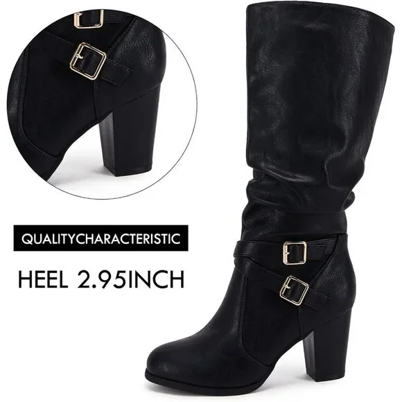 Women Black 1 Mid Knee High Boots Chunky Heel Slouchy Metal Buckle Winter Shoes - Picture 5 of 7